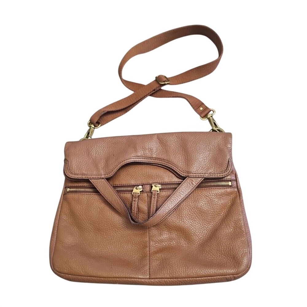 Fossil Leather Crossbody Bag‎ Double Zip Pocket Foldover Convertible Brown Purse